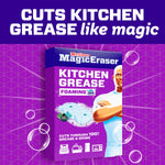 Promotional graphic showing Mr. Clean Magic Eraser Kitchen Grease box with bubbles and bold headline 'cuts kitchen grease like magic'