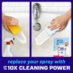 Split image showing a hand scrubbing with a blue patterned Magic Eraser pad and spray-clean comparison with product pack visible