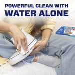 Lifestyle image of a person using a Magic Eraser on a white sneaker with bold text 'Powerful clean with water alone' and product box blurred