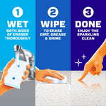 Three-panel instruction graphic: wet the eraser, wipe to erase dirt and enjoy a clean surface