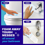 Three-panel layout showing Magic Eraser used on toilet seat, sink and tub with copy about foaming away tough messes