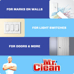 Graphic panels showing recommended uses for marks on walls, light switches and doors with Mr. Clean branding at the bottom