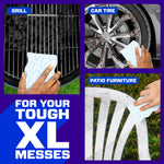 Three-panel lifestyle graphic showing Magic Eraser used on a grill, car tire, and patio furniture with "For your tough XL messes" text.