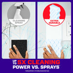 Split comparison image showing spray bottle versus a hand using a textured Magic Eraser to remove crayon marks from a wall