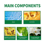 graphic showing main components: aqua, glycerin, witch hazel extract, aloe barbadensis leaf extract, and lilium candidum flower extract