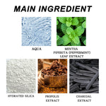 Grid of ingredient photos labeled aqua, peppermint leaf extract, hydrated silica, propolis extract and charcoal extract