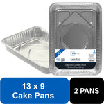 Close-up of two aluminum foil 13 x 9 inch cake pans, one nested and one packaged with Mainstays label
