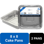 Two disposable square aluminum cake pans, one nested and one facing forward with a Mainstays product label and blue graphic blocks.