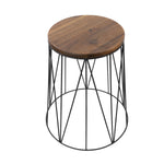 Angled overhead view of a round acacia wood top with black powder-coated wire frame plant stand on white background