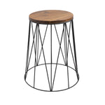 Round acacia wood tabletop with black powder-coated geometric metal wire base plant stand on white background