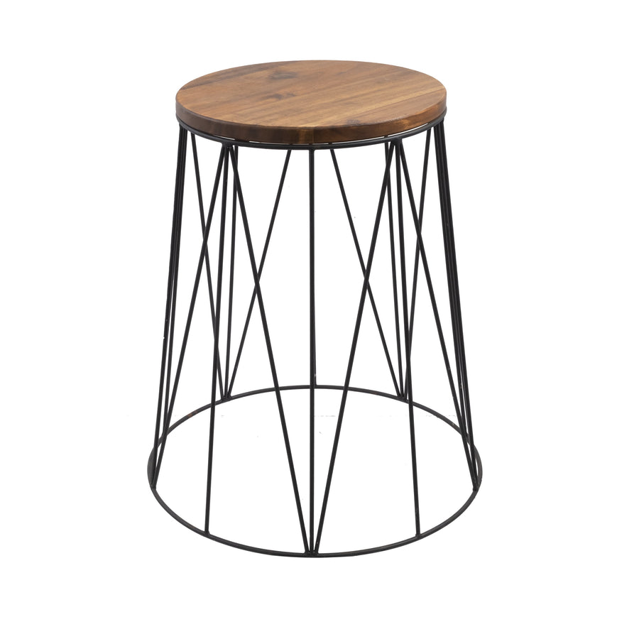 Round acacia wood tabletop with black powder-coated geometric metal wire base plant stand on white background