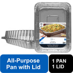 Rectangular disposable aluminum baking pan with clear plastic lid and product label showing cooked pasta
