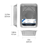 Product diagram of an aluminum foil cake pan showing top, side and front views with inch and cm measurements