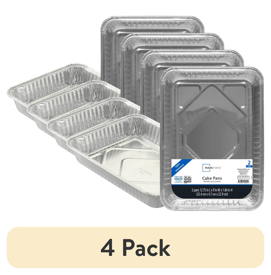 Four stacked aluminum foil rectangular cake pans with one packaged pan showing label and a "4 Pack" banner