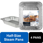 Stacked and single disposable aluminum half-size steam pans with Mainstays product label and blue callouts