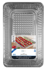 Close-up overhead view of an empty disposable aluminum full-size pan showing embossed interior and product label