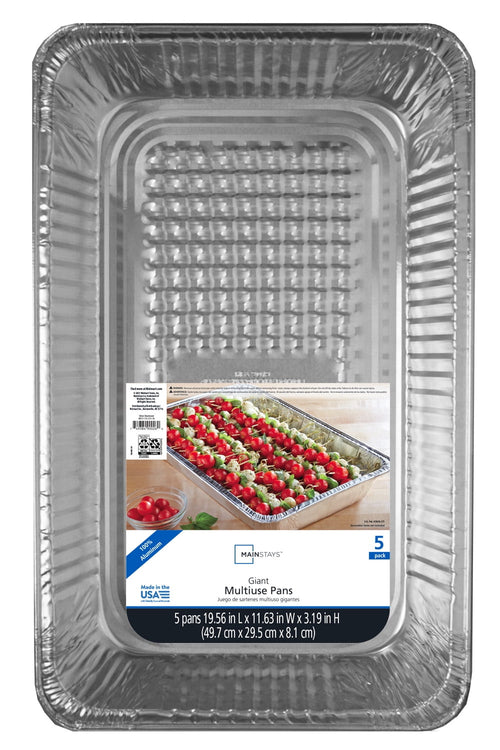 Close-up overhead view of an empty disposable aluminum full-size pan showing embossed interior and product label