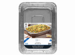 Top-down product shot of a rectangular disposable aluminum pan with a printed label showing a filled casserole