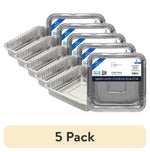 Stack of five sets of square disposable aluminum cake pans in clear packaging with a beige '5 Pack' label below.