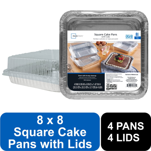 Packaged Mainstays aluminum square cake pans with snap-on clear lids shown in retail label and stacked pans.