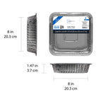 Diagram-style image showing top, side, and front views of a square aluminum cake pan with dimensions and Mainstays label.