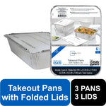 Aluminum takeout pan with folded lid alongside packaged Mainstays product card showing pans and label.