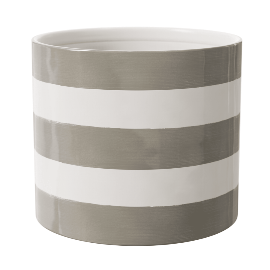 Mainstays Andrew round ceramic planter with wide birch-gray and vanilla horizontal stripes on white background