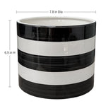 Striped black and white ceramic planter photographed with dimension lines indicating 7.8 in diameter and 6.9 in height