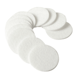 Curved fan of white circular replacement pads arranged in an arc on a white background