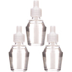 Three clear refill oil bottles with white screw caps arranged on white background, clear liquid visible inside each bottle.