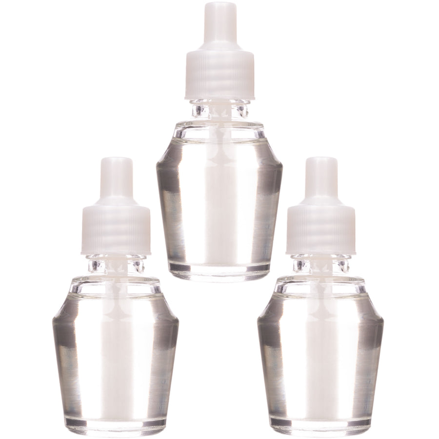 Three clear refill oil bottles with white screw caps arranged on white background, clear liquid visible inside each bottle.