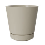 Birch gray cylindrical plastic planter with attached saucer shown on white background
