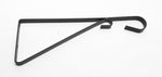 Black iron plant hanger bracket photographed on white background showing curled hook and diagonal support arm