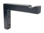 Angled view of a black L-shaped wooden bracket showing two screw holes on the vertical leg and a top notch.