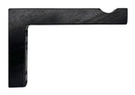 Black L-shaped wooden bracket with a curved notch on the outer top edge, isolated on white.