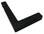 Perspective view of a black L-shaped wooden bracket showing textured finish and two mounting holes on the vertical arm.