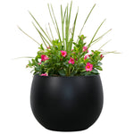 Matte black round planter staged with pink flowering plants and tall decorative grass against a white background.