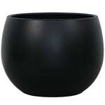 Matte black round resin planter shown on a white background, smooth curved sides and open top visible.