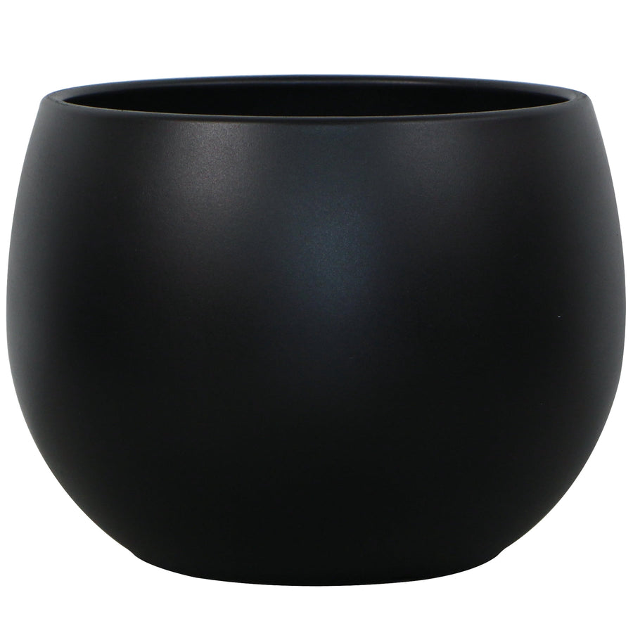 Matte black round resin planter shown on a white background, smooth curved sides and open top visible.