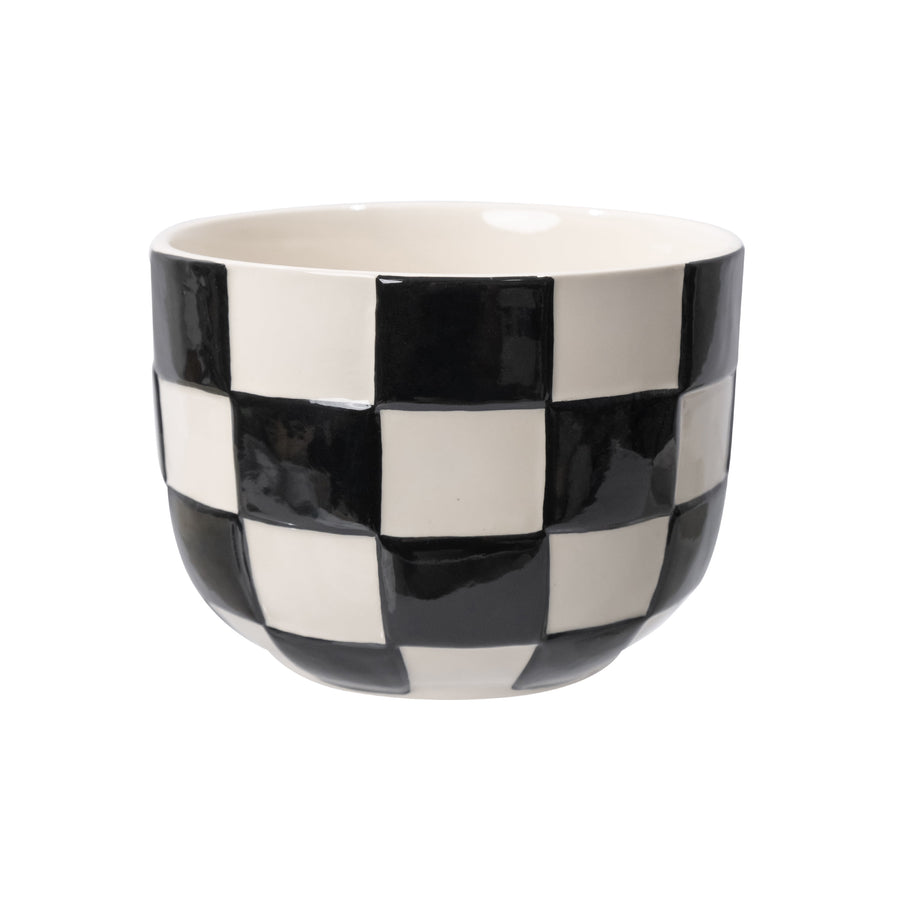 Round ceramic planter with glossy black-and-white checkered pattern, shown empty on a white background.
