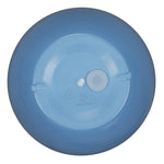 Bottom of a blue plastic planter showing molded markings and a removable drainage plug