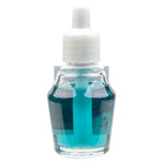Clear refill bottle filled with blue-green fragrance oil viewed straight on, showing the white cap and dip tube inside the bottle.