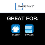 Mainstays branding graphic with icons indicating product is great for closets and drawers on a black background