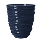 Mainstays Capri glossy Blue Cove plastic round planter shown on white background, ribbed swirl texture