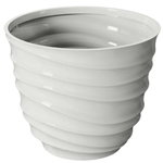 Angled view of a cream ribbed plastic planter showing glossy interior and wavy exterior ribs