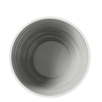Top-down view into a cream ribbed plastic planter showing interior and base circular pattern