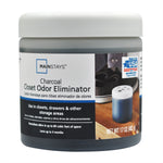 Close-up product shot of a Mainstays Charcoal Closet Odor Eliminator jar with white vented lid and labeled front panel.