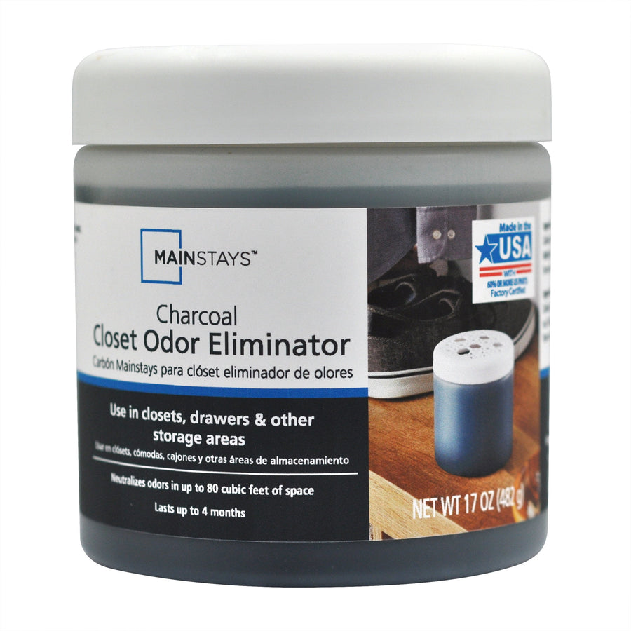 Close-up product shot of a Mainstays Charcoal Closet Odor Eliminator jar with white vented lid and labeled front panel.