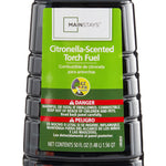 Front label close-up of Mainstays citronella-scented torch fuel with brand and hazard band visible