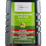 Close-up of Mainstays green label reading Citronella-Scented Torch Fuel with danger warnings and EZ Fill icon.